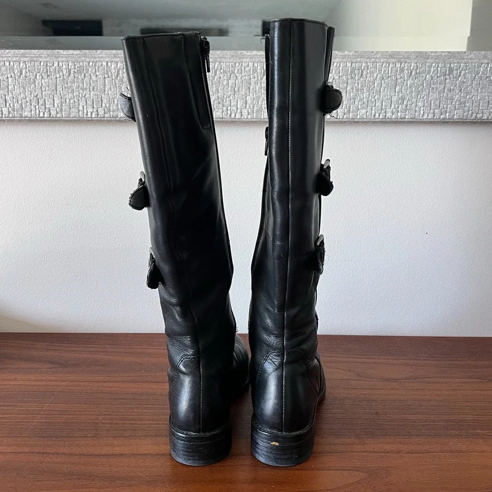 ECCO Women's Black Leather Knee High Riding Boots Triple Buckle Side Zip Size 38